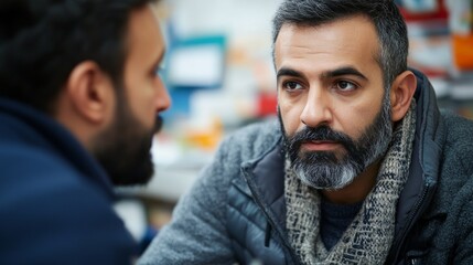 Obraz premium Two men sit across from each other, focused and serious, engaged in a deep conversation inside a cozy cafe during a quiet afternoon