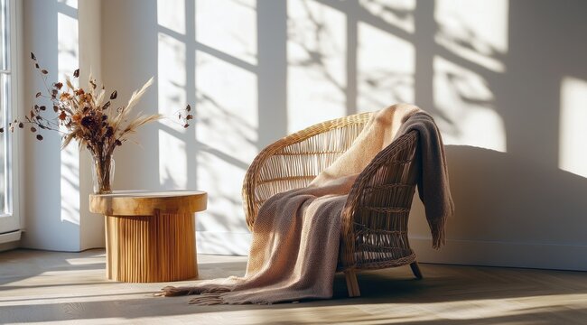 Un coin cosy dans une maison avec une chaise en rotin avec couverture, une table basse et des fleurs s&eacute;ch&eacute;es. La lumi&egrave;re du soleil traversant les fen&ecirc;tres sur un mur vide, cr&eacute;ant de longues ombres.