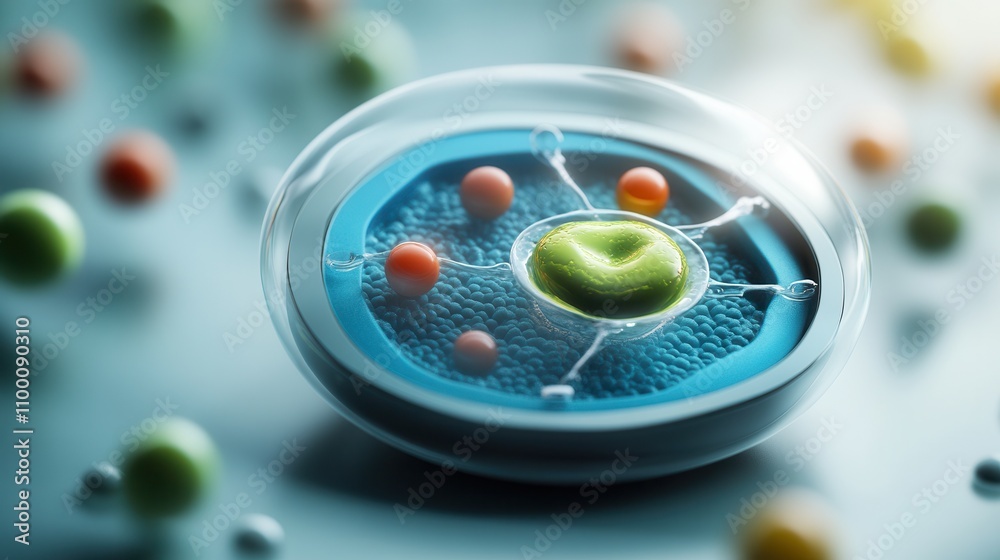 Fototapete A colorful, microscopic view of a cell with vibrant organelles and surrounding particles, highlighting the complexity of cellular structures.