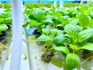 Obraz premium Hydroponic vegetable garden showcasing young spinach plants thriving in a nutrient-rich system