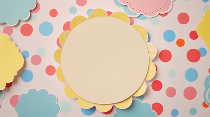 Background with soft polka dots and a scalloped edge frame. Colorful paper cutouts allow ample space for writing messages for kids\' activities or events, playful and cheerful design