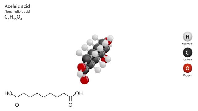 Azelaic Acid or Nonanedioic acid. Animated 3D model of a molecule. Molecular formula: C9H16O4. Chemical model: Ball and sticks. White background. 3D rendering. Seamless loop.
