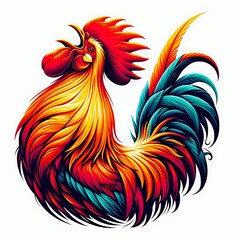 Colorful stylized rooster with vibrant feathers.