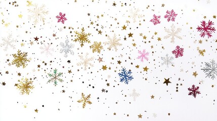 Fototapeta premium Colorful snowflakes and stars scattered on a white background.