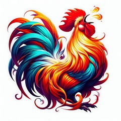Colorful rooster with vibrant feathers crowing.