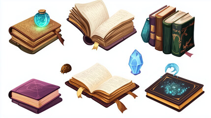 Collection of mystical books and glowing artifacts with enchanting designs