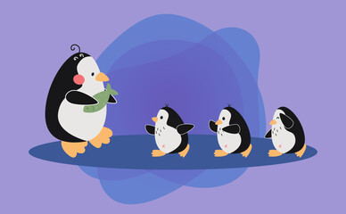 Obraz premium Comic mother penguin giving fish to kids vector illustration. Cartoon drawing of little penguin characters running towards mom isolated on white background. Family, food, wildlife, care concept