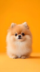 Obraz premium Playful pomeranian dog portrait bright orange background
