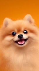 Obraz premium Cheerful pomeranian portrait studio pet photography orange background close-up cuteness