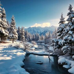 A serene mountain scene during the day after Christmas, with snow-capped peaks in the background, pine trees covered in a thick layer of snow, and a gentle stream partially frozen.