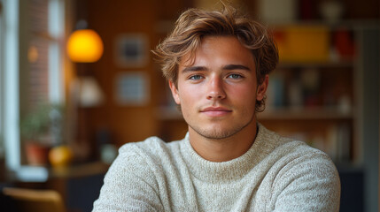 Obraz premium A young man with a beard and blue eyes is sitting at a table with a white sweater on