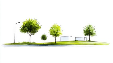 This watercolor cityscape with a luscious tree symbolises the green spaces and tranquility of urban areas.