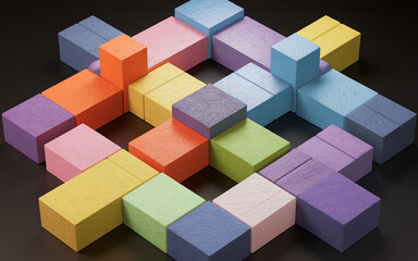 Obraz premium Colorful arrangement of geometric blocks on a dark surface showcases creativity and design potential