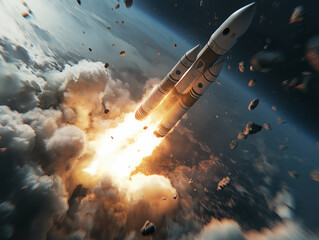 Fototapeta premium close up of rocket launch with intense fiery exhaust