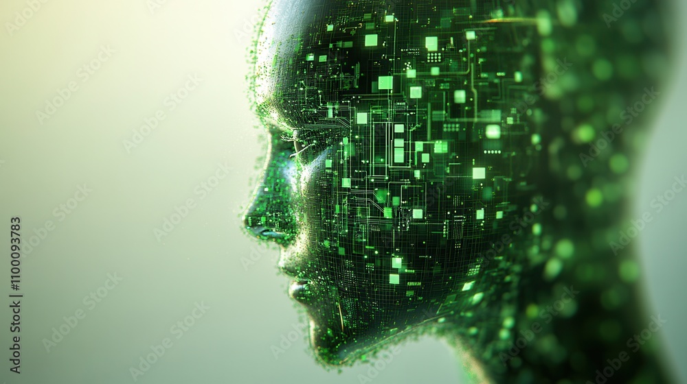 Poster A futuristic profile of a human head filled with green digital circuits and patterns, symbolizing the intersection of technology and humanity.