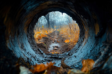A tunnel with a hole in the middle. The tunnel is dark and muddy. The hole is surrounded by leaves and dirt