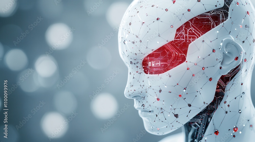 Poster a futuristic humanoid robot with a sleek design and glowing red accents, set against a blurred backg