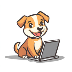 Fototapeta premium Dog with laptop. Cute funny puppy surf in internet. Happy doggy online at notebook computer. PC user. Canine animal, pup shopping. Flat illustration. Technology.