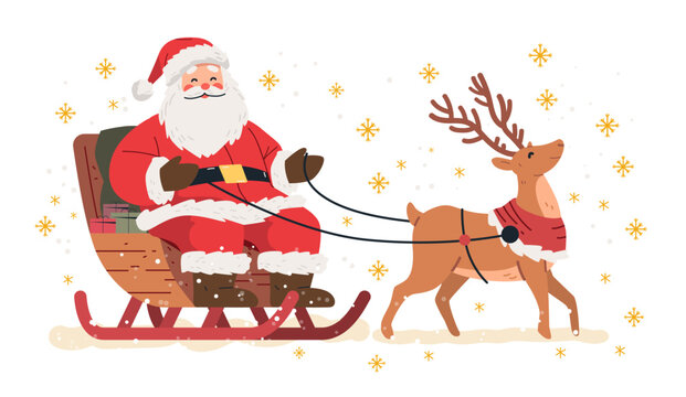 Santa sleigh reindeer festive winter scene cheerful holiday snowflakes gifts red suit Christmas design