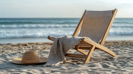 Relaxing beach scene with deck chair and straw hat coastal serenity