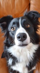 Fierce border collie portrait soft orange background pet photography indoor close-up canine expression
