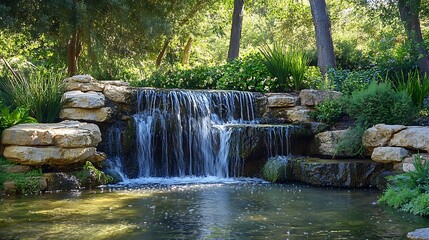 Naklejka premium Serene waterfall cascading into a pool surrounded by greenery