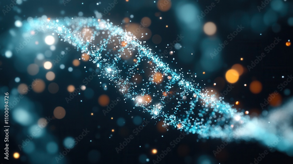 Poster a luminous, spiraling dna strand glimmers amidst a backdrop of colorful particles, representing the 
