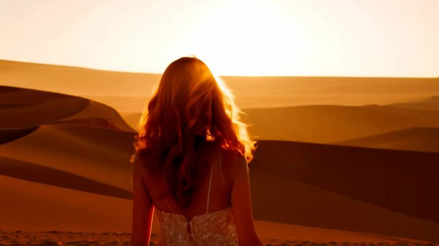 A model with copper hair stands in a desert landscape at sunset, gentle zoom, warm glow