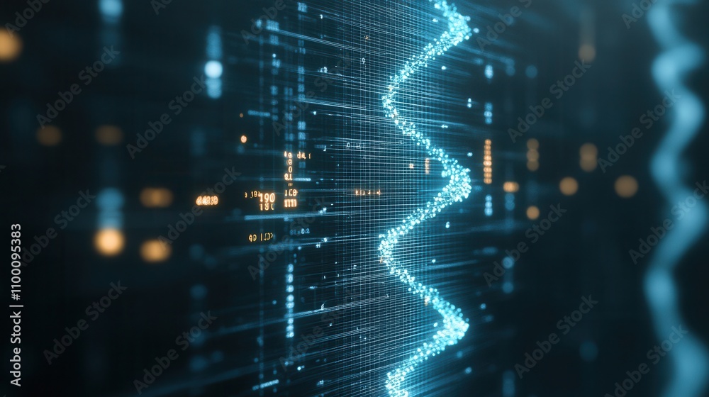 Poster A futuristic digital landscape with glowing blue lines and data patterns, representing technology and innovation.