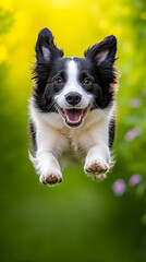 A black and white dog jumping in the air