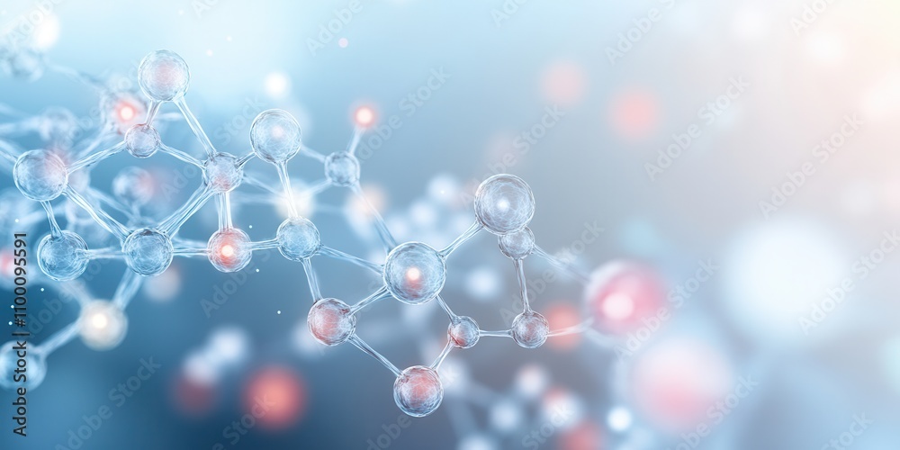 Aufkleber A close-up view of molecular structures, showcasing a blend of connected atoms and colorful particles against a soft, glowing background.