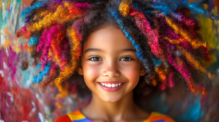 Fototapeta premium A young girl with colorful hair is smiling and looking at the camera. The image has a bright and cheerful mood, with the girl's colorful hair and her smile conveying a sense of happiness