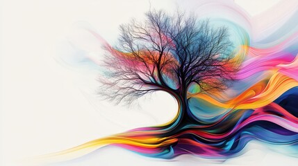 Obraz premium Colorful artistic tree with flowing waves in vibrant hues, white isolated background.
