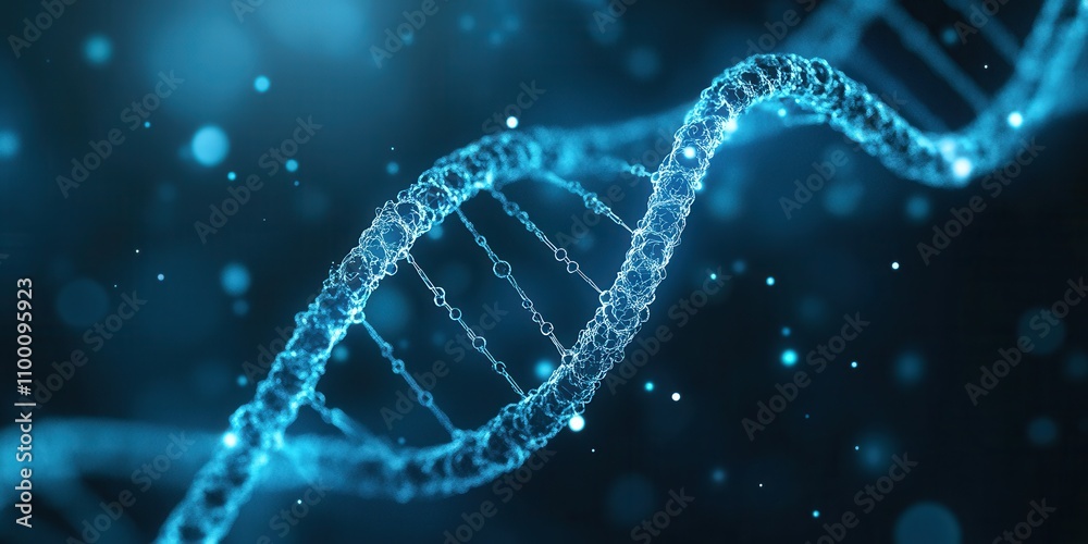 Poster an abstract representation of a dna double helix glowing in blue tones, symbolizing genetics and mol