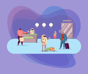 Fototapeta premium Robots working as hotel attendants. Flat vector illustration. Robotic receptionist and porter helping guests with checking in and out of hotel. Technologies, artificial intelligence, service concept