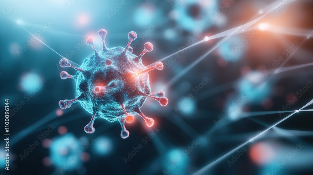 Poster A detailed close-up of a virus, showcasing its structure with shimmering colors and intricate designs, representing the complexity of viral biology.