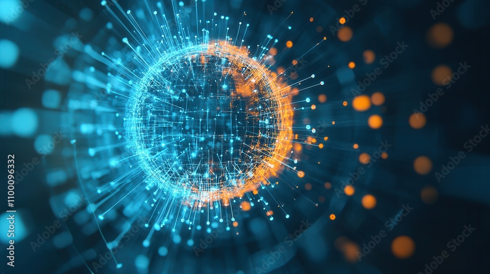 Poster a vibrant, abstract representation of a spherical shape with glowing blue and orange particles, symb