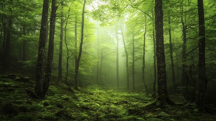 Obraz premium Enchanting Forest Mist: A Serene Green Landscape Wrapped in Fog