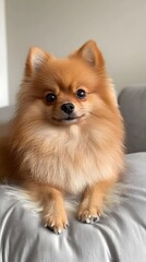 Fototapeta premium Pomeranian dog portrait indoor pet photography soft green background