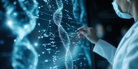 A healthcare professional analyzes a digital DNA model on a screen, representing advanced biotechnology and genetic research.