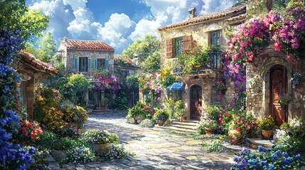 Obraz premium Charming Residential Street with Lush Houses and Flowers