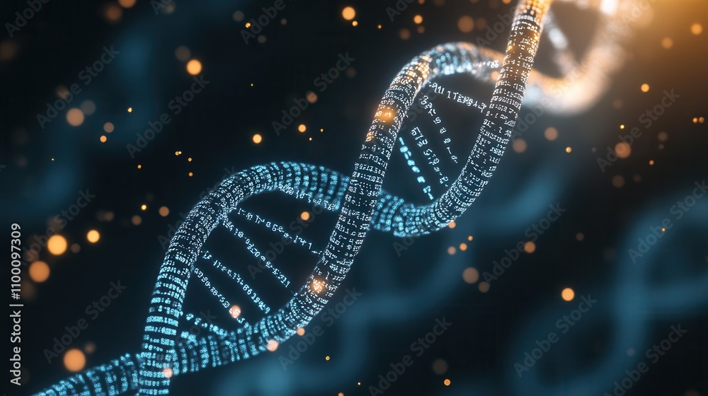 Poster A dynamic visualization of a DNA double helix, illuminated with glowing elements, symbolizing genetic structure and scientific exploration.