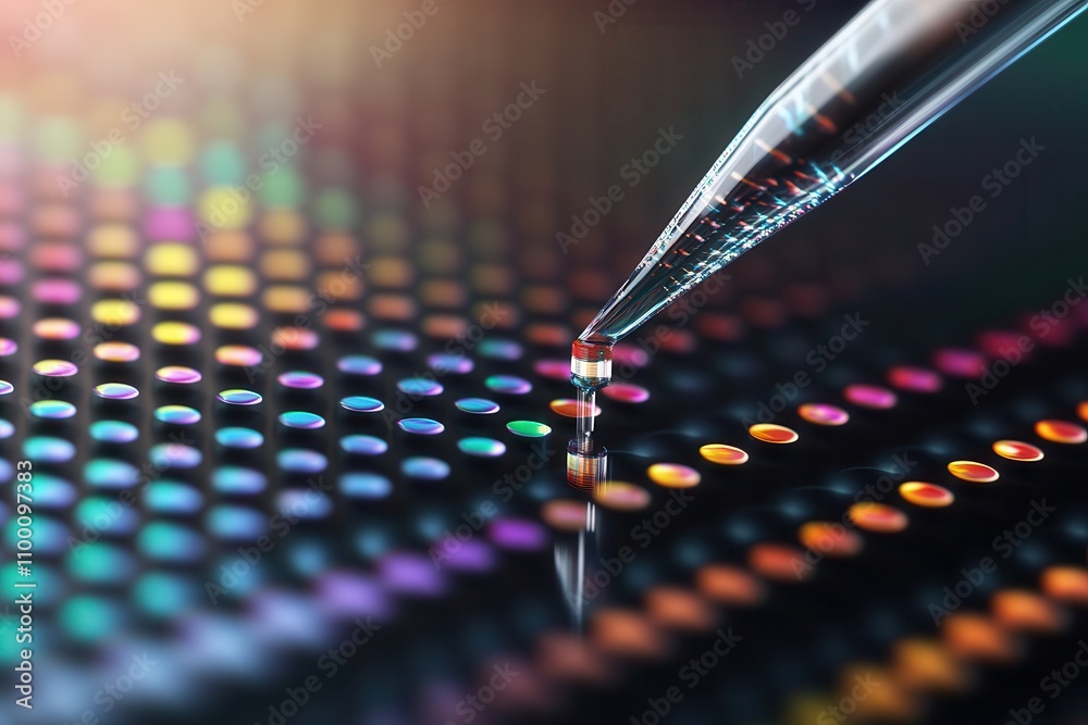 Poster a close-up view of a dropper releasing a droplet onto a colorful, dot-patterned surface, showcasing 