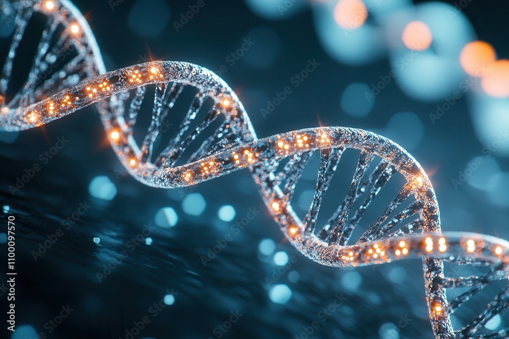 Poster a close-up view of a dna strand illuminated with sparkling lights against a blurred blue background,