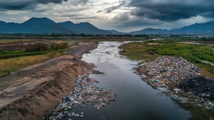 River polluted with trash under cloudy skies near mountains at dusk