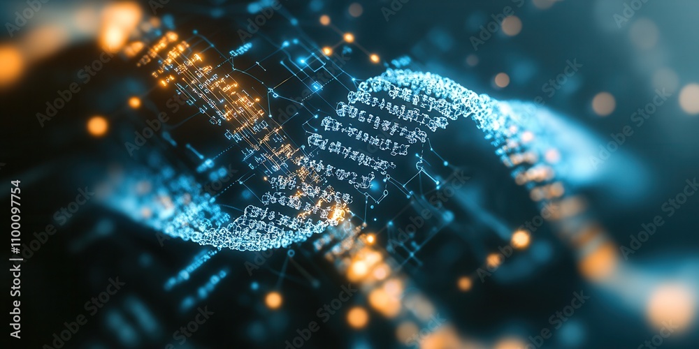 Aufkleber A vibrant digital wave of binary code illuminated with blue and orange lights, representing technology and data flow in a modern, abstract design.