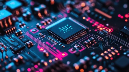 Fototapeta premium Close-up of illuminated circuit board with central processor.