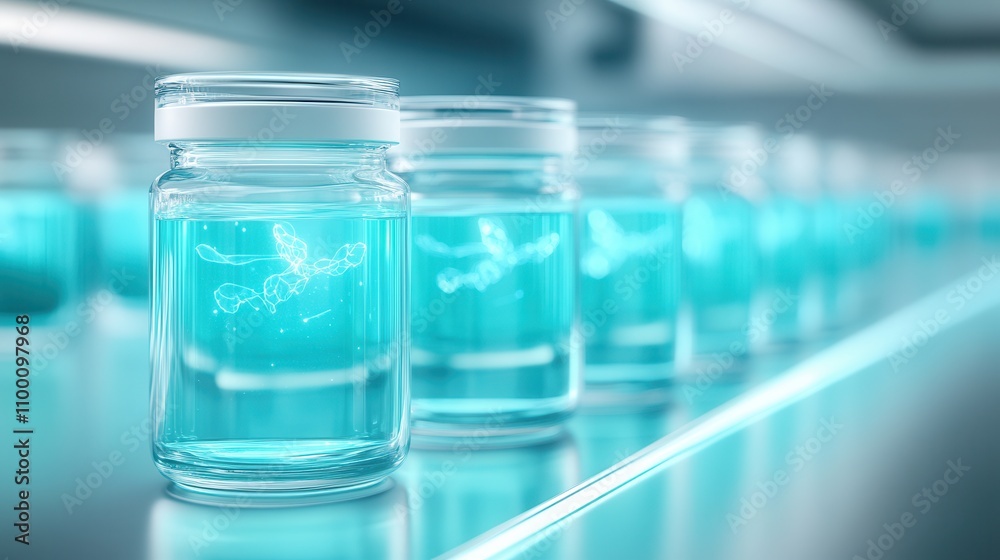 Poster a row of glass jars filled with vibrant blue liquid, illuminated under soft lighting, creating a mod
