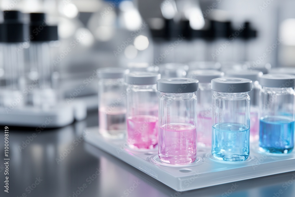 Poster Colorful vials with liquids are arranged on a lab tray, highlighting a scientific setting filled with experimentation and research.