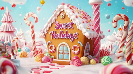 24. A playful scene of a gingerbread house surrounded by candy with "Sweet Holidays" written in bold script